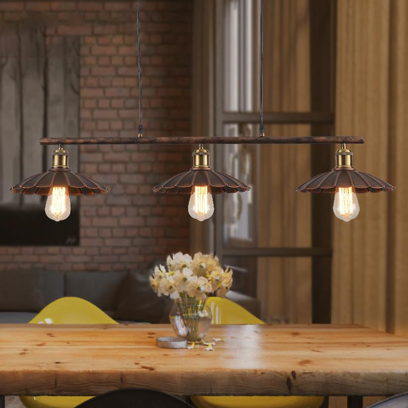 Antique Style Metal Island Light With Scalloped Edges - Rustic 3-Head Pendant Lighting For Dining