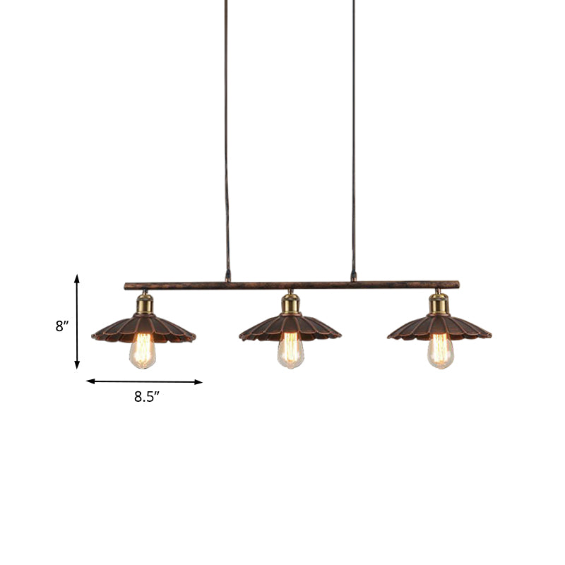 Antique Style Metal Island Light With Scalloped Edges - Rustic 3-Head Pendant Lighting For Dining