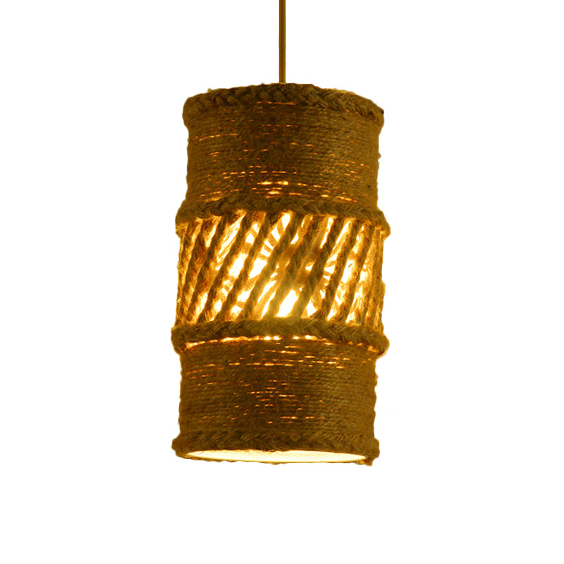 Farmhouse Style Beige Rope Ceiling Lamp - 1 Bulb Hanging For Restaurants