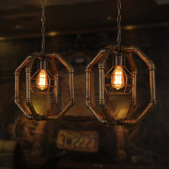 Farmhouse Style Metal Hanging Lamp with Brass Water Pipe Design - Restaurant Ceiling Fixture with Inner Dome Cage Shade