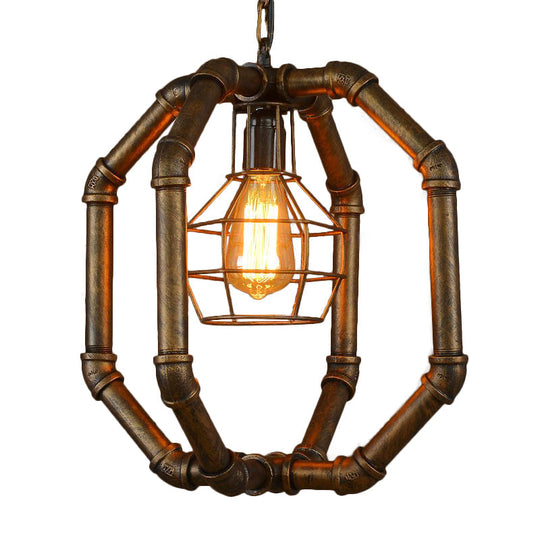 Farmhouse Style Metal Hanging Lamp with Brass Water Pipe Design - Restaurant Ceiling Fixture with Inner Dome Cage Shade