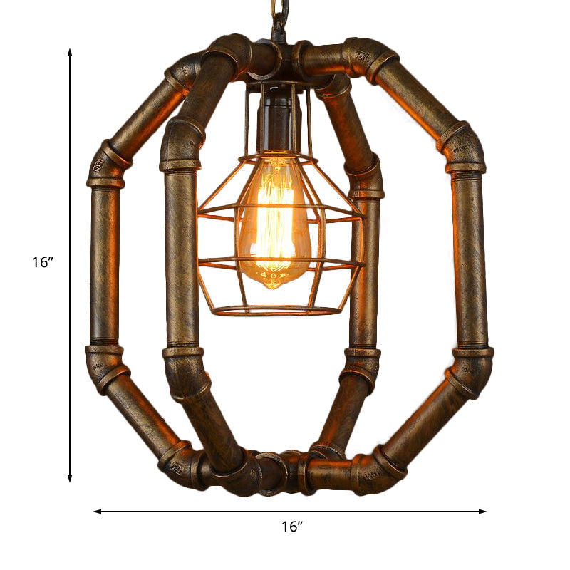 Farmhouse Style Metal Hanging Lamp with Brass Water Pipe Design - Restaurant Ceiling Fixture with Inner Dome Cage Shade