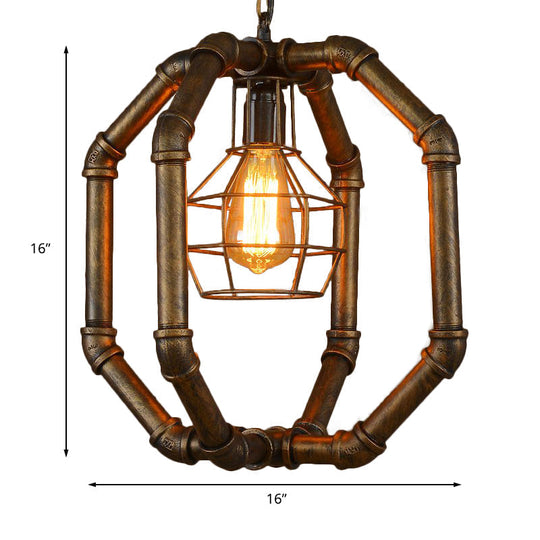 Brass Water Pipe Hanging Lamp With Farmhouse Style & Inner Dome Cage Shade - Restaurant Ceiling