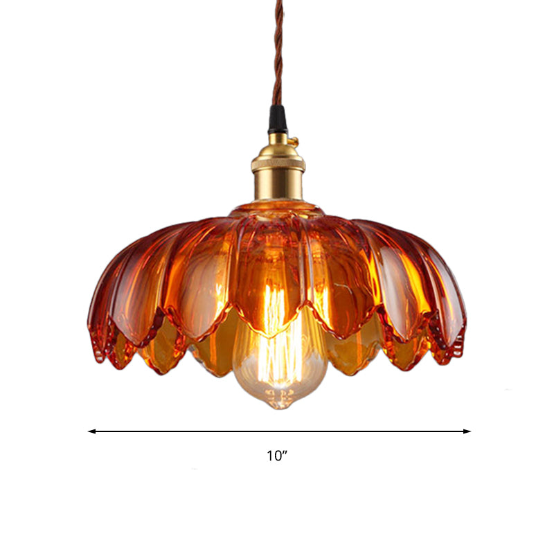 Vintage Amber Glass Scalloped Pendant Light for Corridors - Single Bulb, Available in 3 Widths