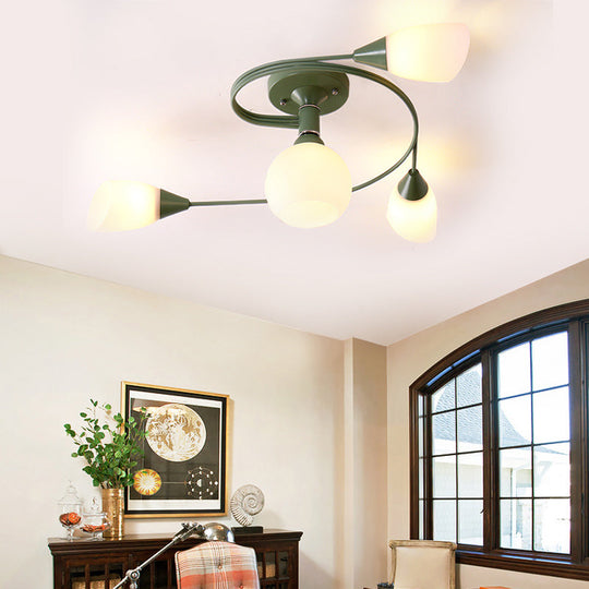 Curly Nordic Iron Semi Flush Mount Ceiling Light With Glass Shades In Grey/Pink/Yellow - 4/6-Head