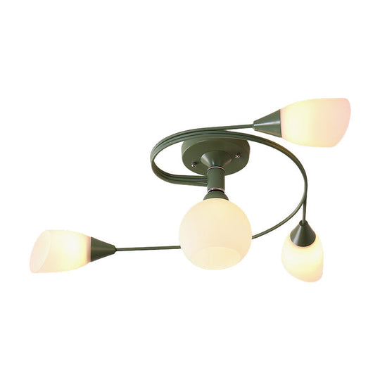 Curly Semi Flush Mount Ceiling Lamp with Nordic Iron & White Glass Shade - 4/6 Head Options in Grey, Pink, or Yellow