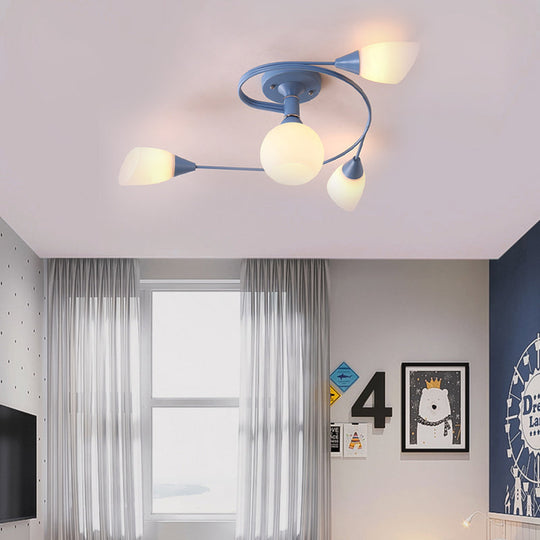 Curly Nordic Iron Semi Flush Mount Ceiling Light With Glass Shades In Grey/Pink/Yellow - 4/6-Head