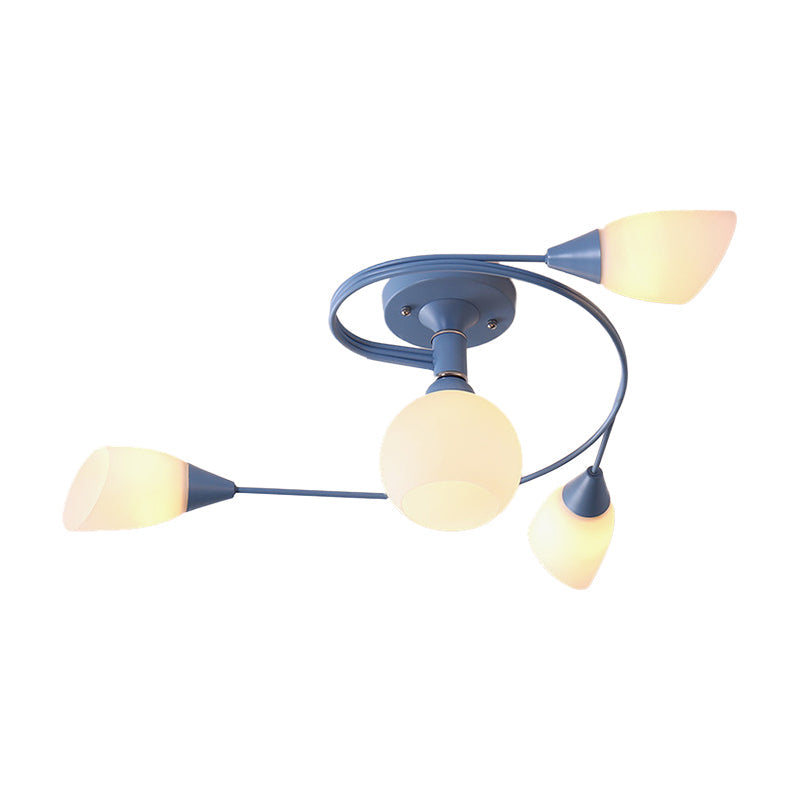 Curly Nordic Iron Semi Flush Mount Ceiling Light With Glass Shades In Grey/Pink/Yellow - 4/6-Head