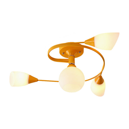 Curly Nordic Iron Semi Flush Mount Ceiling Light With Glass Shades In Grey/Pink/Yellow - 4/6-Head