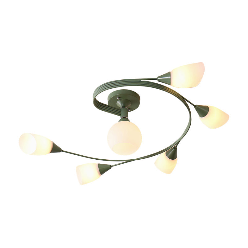 Curly Nordic Iron Semi Flush Mount Ceiling Light With Glass Shades In Grey/Pink/Yellow - 4/6-Head