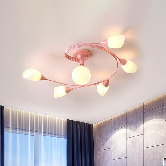 Curly Nordic Iron Semi Flush Mount Ceiling Light With Glass Shades In Grey/Pink/Yellow - 4/6-Head