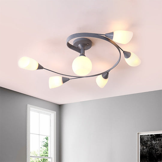 Curly Semi Flush Mount Ceiling Lamp with Nordic Iron & White Glass Shade - 4/6 Head Options in Grey, Pink, or Yellow