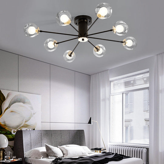 Modern Iron Sputnik Ceiling Lamp with Clear Glass Shades - Black/White, 8/10 Lights