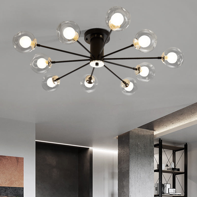 Modern Iron Sputnik Ceiling Lamp with Clear Glass Shades - Black/White, 8/10 Lights