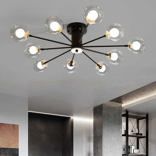 Modern Iron Sputnik Ceiling Lamp with Clear Glass Shades - Black/White, 8/10 Lights