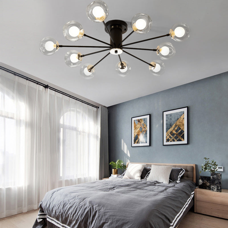 Modern Iron Sputnik Ceiling Lamp with Clear Glass Shades - Black/White, 8/10 Lights