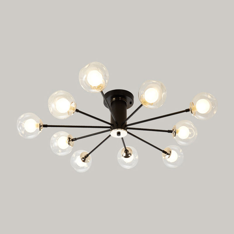 Modern Iron Sputnik Ceiling Lamp With Clear Glass Shades - Black/White 8/10 Lights