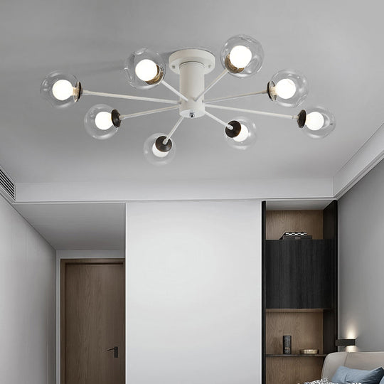 Modern Iron Sputnik Ceiling Lamp With Clear Glass Shades - Black/White 8/10 Lights