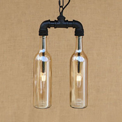 Clear/Blue Glass Pendant Light Bottle Shade - Industrial Style Ceiling Fixture (2/4/6 Lights) with Pipe Design in Black/Aged Brass