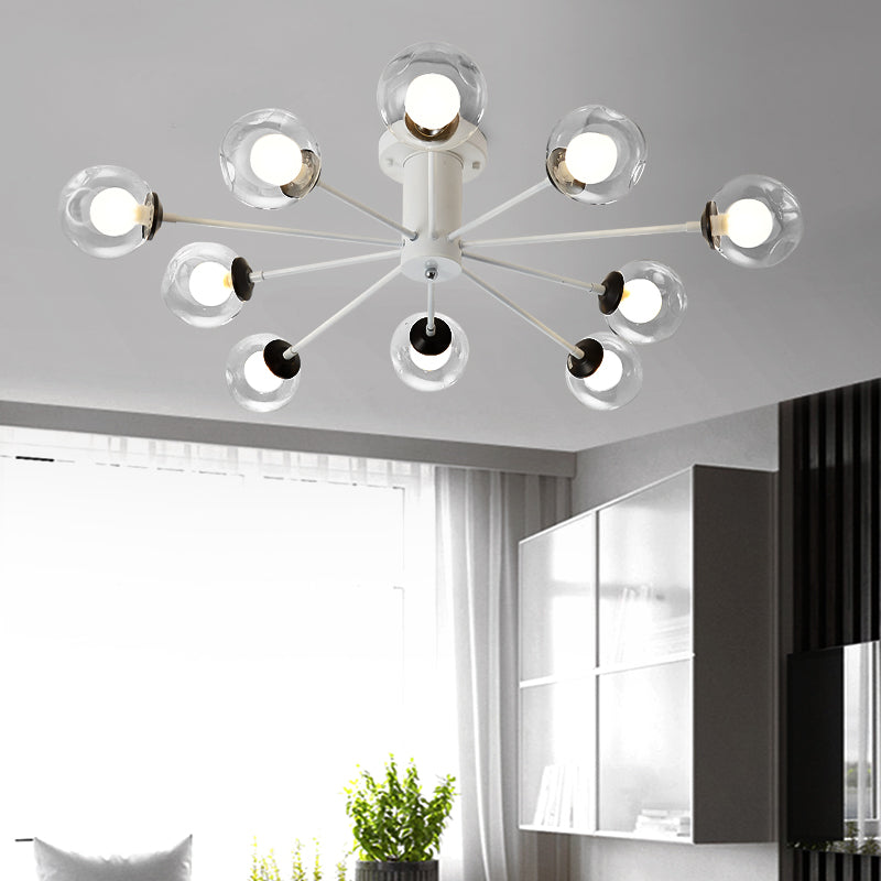 Modern Iron Sputnik Ceiling Lamp with Clear Glass Shades - Black/White, 8/10 Lights