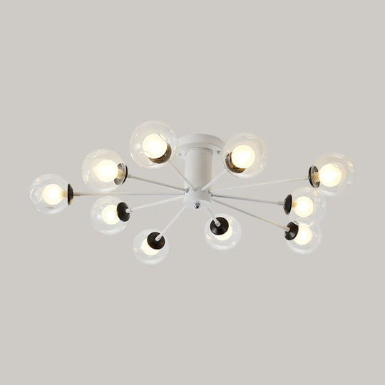 Modern Iron Sputnik Ceiling Lamp with Clear Glass Shades - Black/White, 8/10 Lights