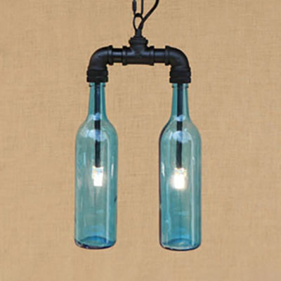 Clear/Blue Glass Pendant Light With Industrial Style Design - Pipe Fixture In Black/Aged Brass 2/4/6