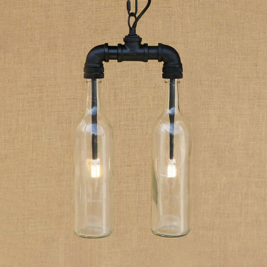 Clear/Blue Glass Pendant Light Bottle Shade - Industrial Style Ceiling Fixture (2/4/6 Lights) with Pipe Design in Black/Aged Brass