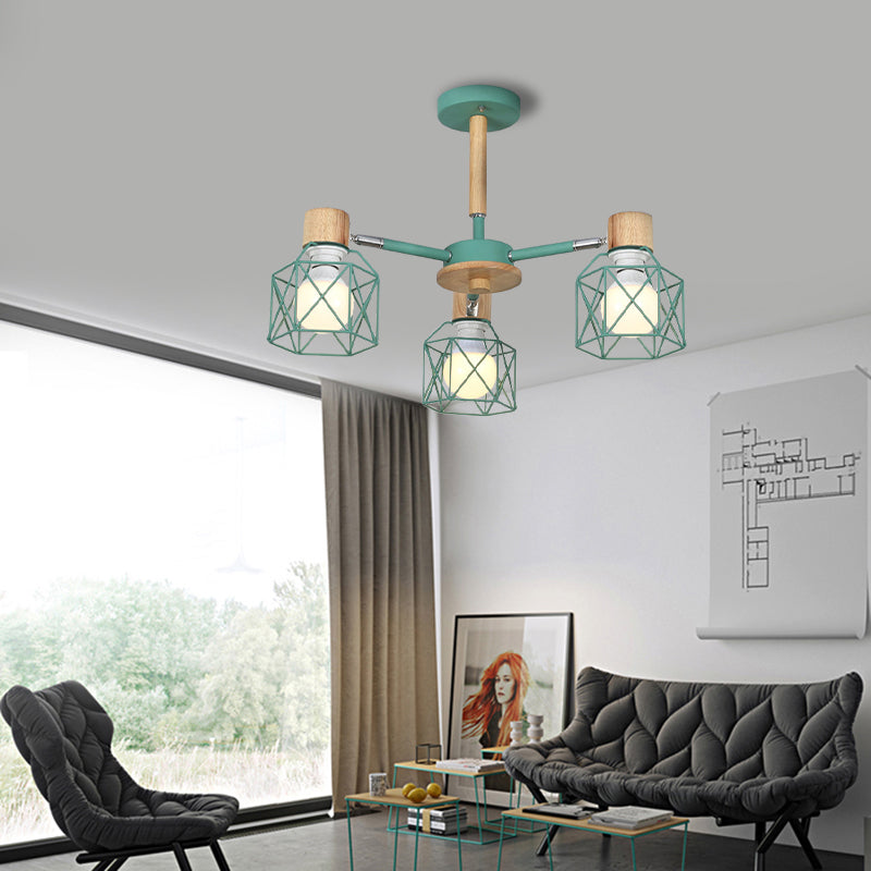 Nordic Iron Cage Semi-Flush Lamp with 3/6/8-Head Black/Green/Gold Pendant Lighting for Ceiling