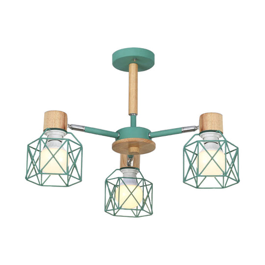 Nordic Iron Cage Semi-Flush Lamp with 3/6/8-Head Black/Green/Gold Pendant Lighting for Ceiling