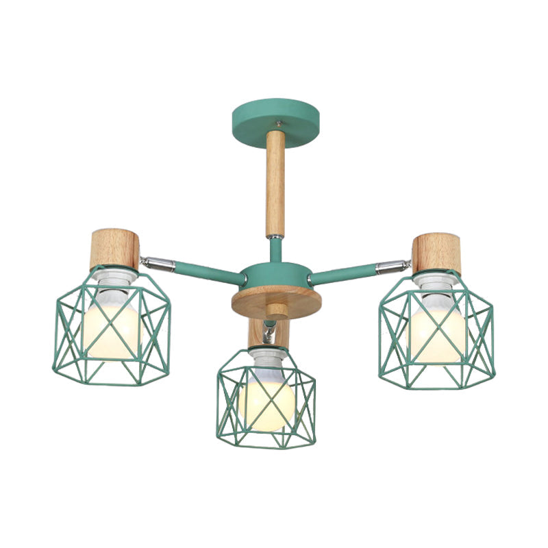 Nordic Iron Cage Semi-Flush Lamp With 3/6/8-Head Black/Green/Gold Pendant Lighting For Ceiling