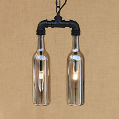 Clear/Blue Glass Pendant Light Bottle Shade - Industrial Style Ceiling Fixture (2/4/6 Lights) with Pipe Design in Black/Aged Brass