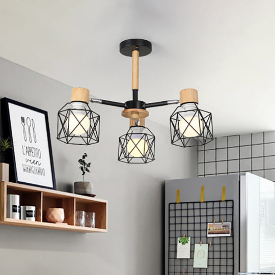 Nordic Iron Cage Semi-Flush Lamp with 3/6/8-Head Black/Green/Gold Pendant Lighting for Ceiling