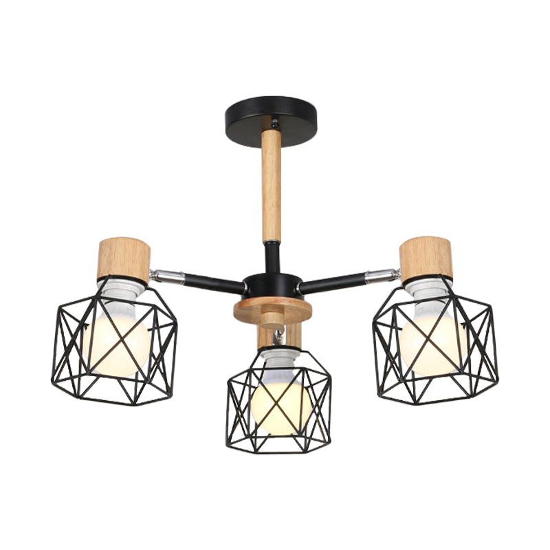 Nordic Iron Cage Semi-Flush Lamp with 3/6/8-Head Black/Green/Gold Pendant Lighting for Ceiling