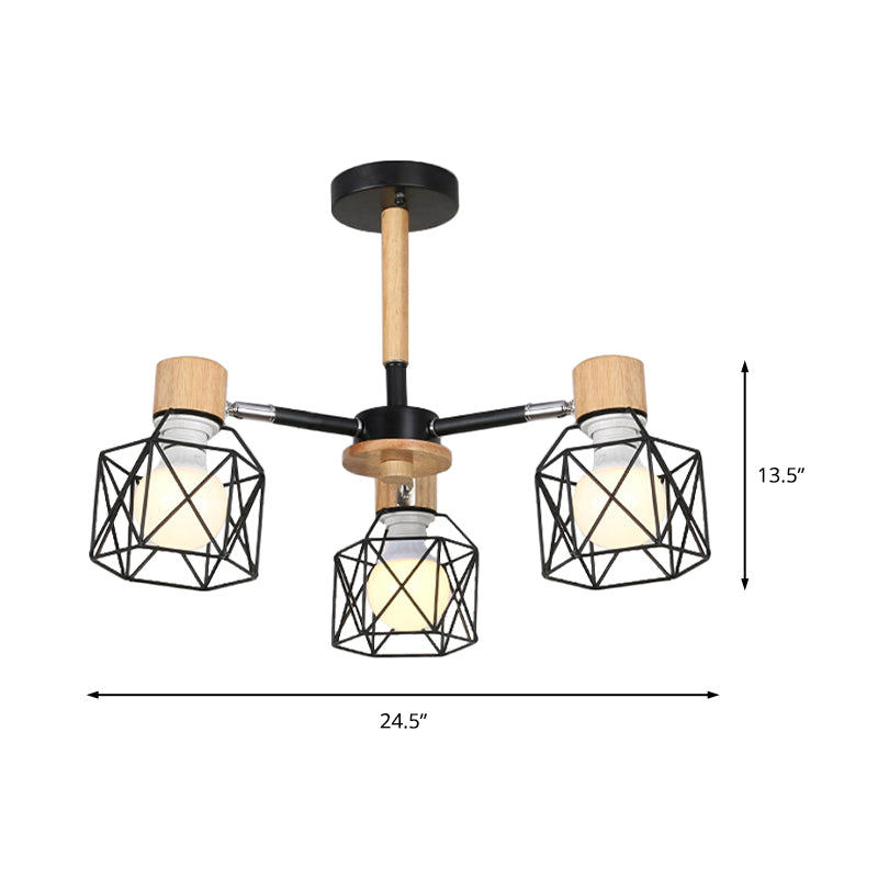 Nordic Iron Cage Semi-Flush Lamp with 3/6/8-Head Black/Green/Gold Pendant Lighting for Ceiling