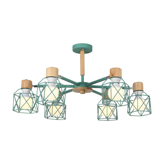 Nordic Iron Cage Semi-Flush Lamp with 3/6/8-Head Black/Green/Gold Pendant Lighting for Ceiling