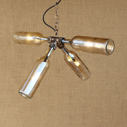 Clear/Blue Glass Pendant Light Bottle Shade - Industrial Style Ceiling Fixture (2/4/6 Lights) with Pipe Design in Black/Aged Brass