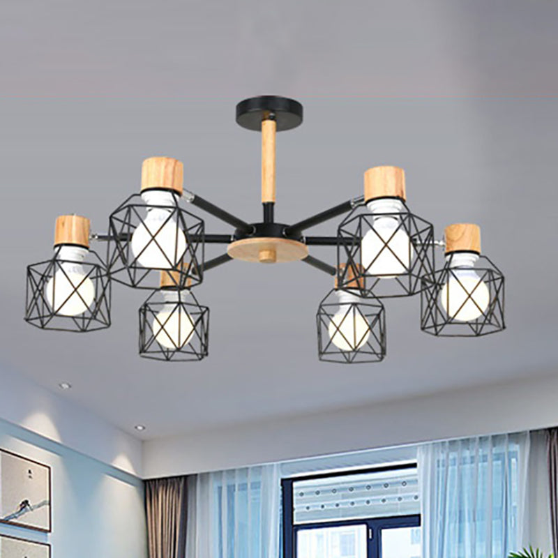 Nordic Iron Cage Semi-Flush Lamp with 3/6/8-Head Black/Green/Gold Pendant Lighting for Ceiling