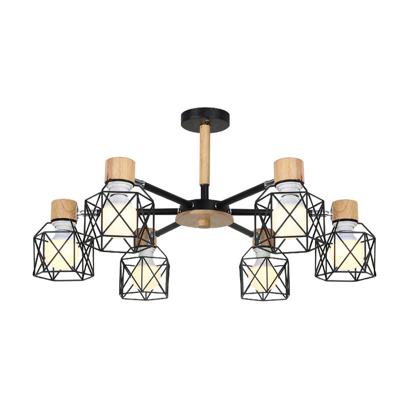 Nordic Iron Cage Semi-Flush Lamp with 3/6/8-Head Black/Green/Gold Pendant Lighting for Ceiling