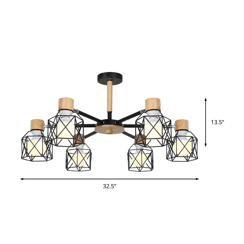 Nordic Iron Cage Semi-Flush Lamp with 3/6/8-Head Black/Green/Gold Pendant Lighting for Ceiling