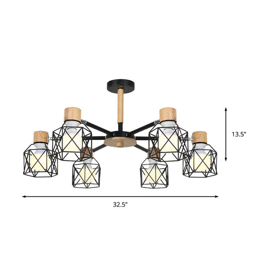 Nordic Iron Cage Semi-Flush Lamp with 3/6/8-Head Black/Green/Gold Pendant Lighting for Ceiling