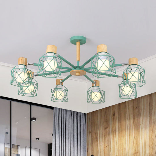 Nordic Iron Cage Semi-Flush Lamp with 3/6/8-Head Black/Green/Gold Pendant Lighting for Ceiling