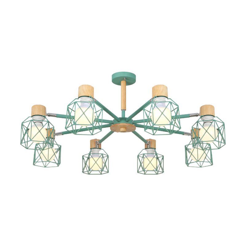 Nordic Iron Cage Semi-Flush Lamp with 3/6/8-Head Black/Green/Gold Pendant Lighting for Ceiling