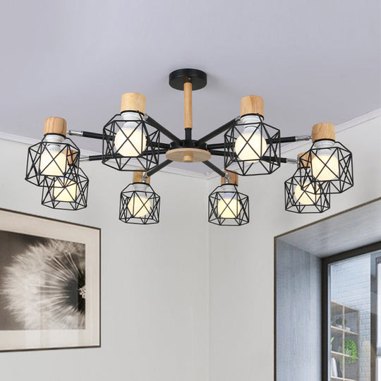 Nordic Iron Cage Semi-Flush Lamp with 3/6/8-Head Black/Green/Gold Pendant Lighting for Ceiling