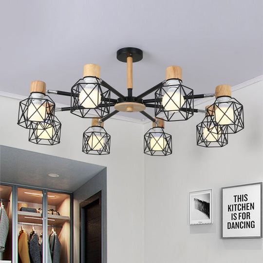 Nordic Iron Cage Semi-Flush Lamp with 3/6/8-Head Black/Green/Gold Pendant Lighting for Ceiling