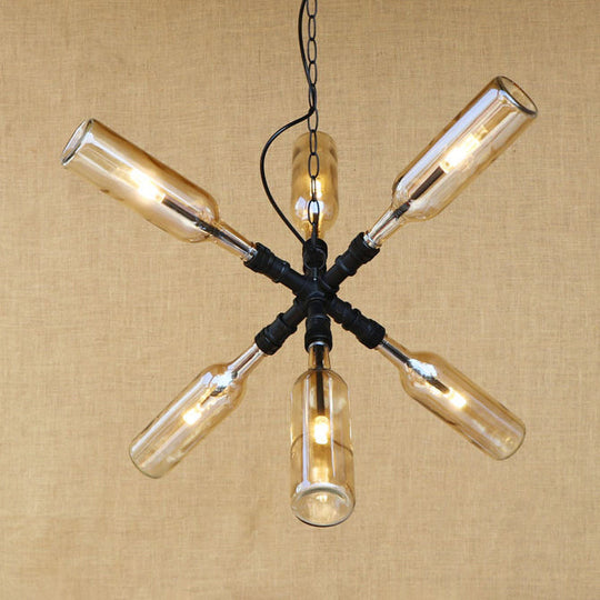 Clear/Blue Glass Pendant Light Bottle Shade - Industrial Style Ceiling Fixture (2/4/6 Lights) with Pipe Design in Black/Aged Brass