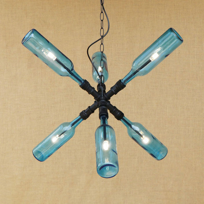 Clear/Blue Glass Pendant Light Bottle Shade - Industrial Style Ceiling Fixture (2/4/6 Lights) with Pipe Design in Black/Aged Brass