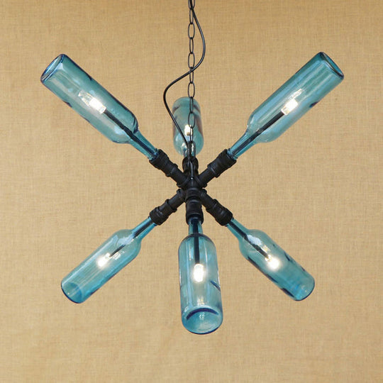 Clear/Blue Glass Pendant Light Bottle Shade - Industrial Style Ceiling Fixture (2/4/6 Lights) with Pipe Design in Black/Aged Brass