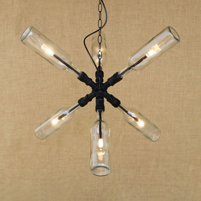 Clear/Blue Glass Pendant Light Bottle Shade - Industrial Style Ceiling Fixture (2/4/6 Lights) with Pipe Design in Black/Aged Brass