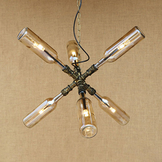 Clear/Blue Glass Pendant Light With Industrial Style Design - Pipe Fixture In Black/Aged Brass 2/4/6