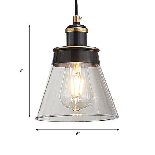 Industrial Brass Pendant Light with Clear/Amber/Smoked Glass Cone - Indoor Hanging Lamp